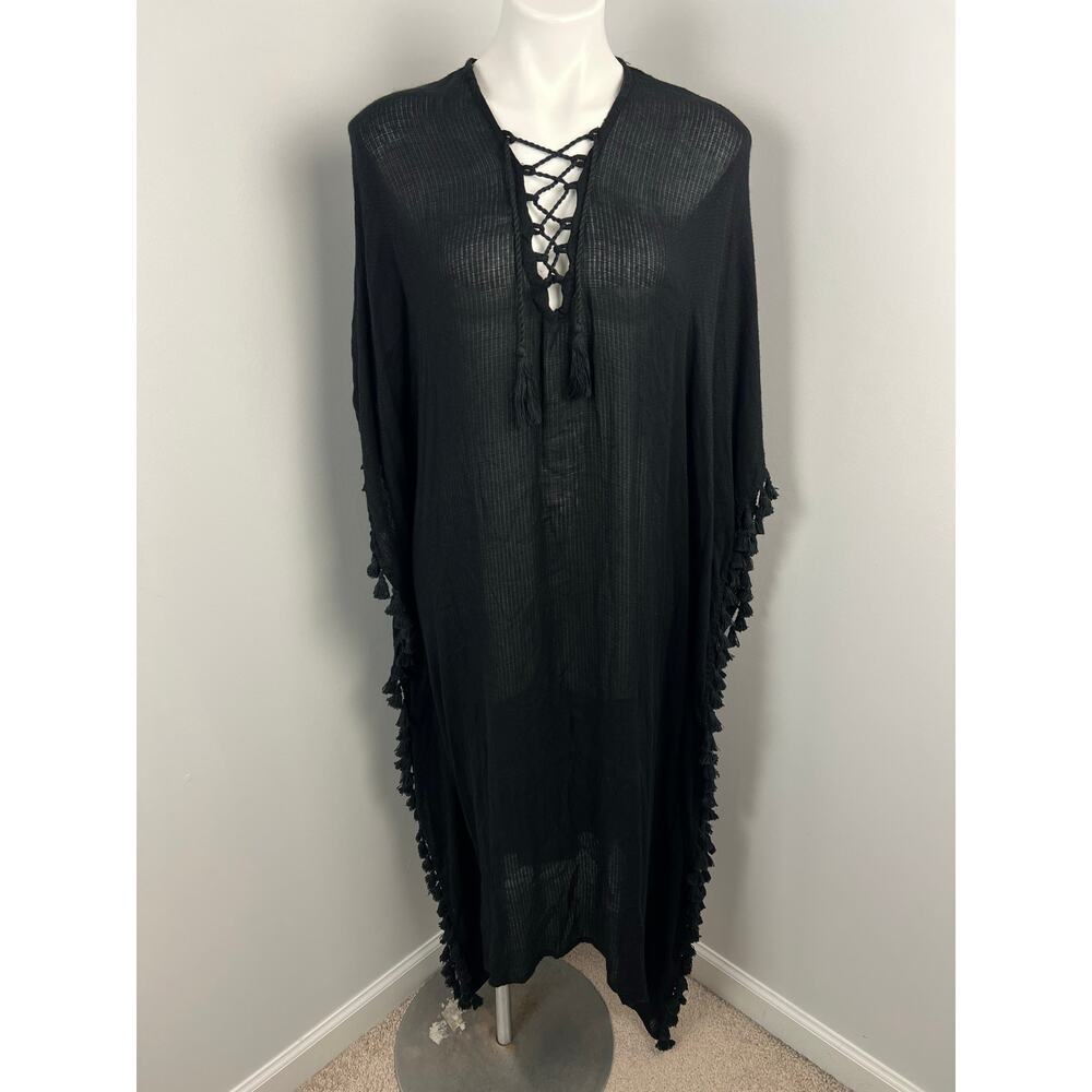 Walter Baker Acapulco Kaftan Tasseled Coverup in Black Beach Tropical Vacation